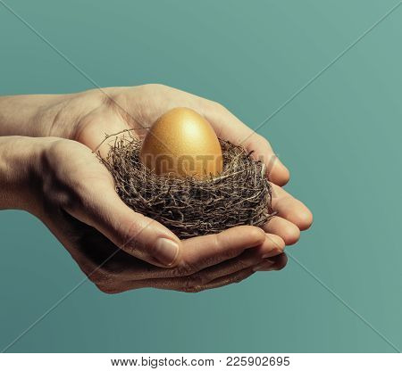 Female Hands Carefully Hold The Nest With A Golden Egg. The Concept Of Saving And Increasing Savings