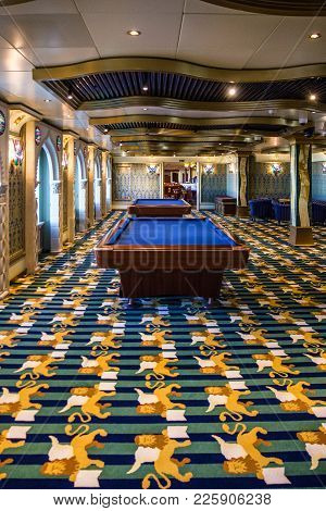 Cruise Liner Costa Mediterranea - Feb 13, 2018: Billiard Table In Billiard Room Of Gambling Casino, 