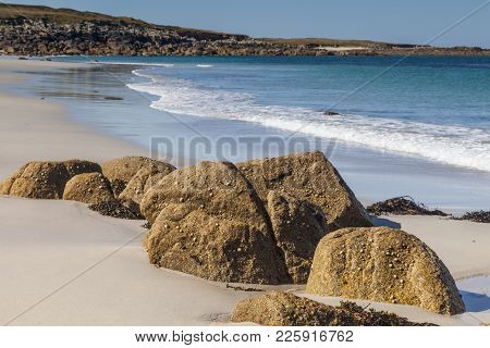 A Desrted Beach In Brittany, France. This Is Gouerou Beach. Focus On Foreground.