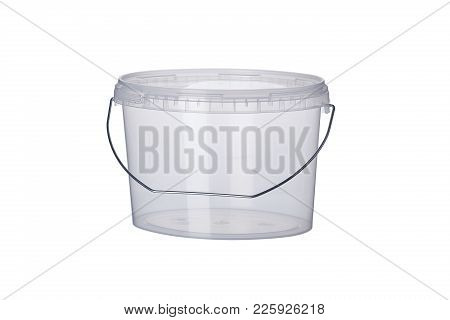 Transparent Oval Plastic Bucket With Transparent Lid, Plastic Containers On White Background, Food P
