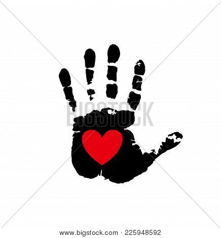 Black Silhouette Of Humans Handprint With Heart Symbol In Open Palm Isolated On White Background. Ve