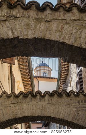 Historic Buildings Of Foligno, Perugia, Umbria, Italy. Old Typical Street In The Medieval Quarter