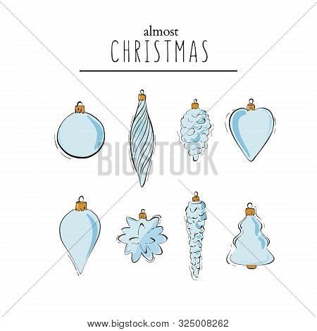 Ternder Hand-drawn Winter Holidays Tree Decoration Balls, Cone, Star, Heart. Christmas Card Design, 