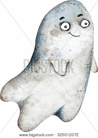 Watercolor Illustration Of A Happy And Smiling Spook With Big Eyes Flying To The Side. Children Cart