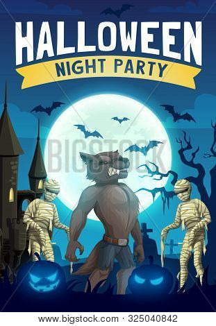 Halloween Night Party Vector Design With Horror Monsters. Spooky Graveyard And Haunted House With Sc