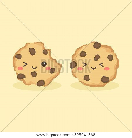 Cute Chocolate Chip Chocochip Cookies Vector Illustration Cartoon Character Icon