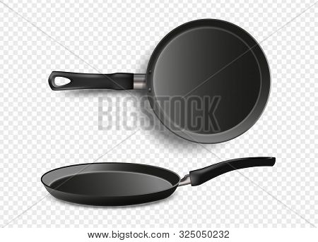 Realistic Frying Pan Isolated On Transparent Background. Metallic Dishware. Utensil For Cooking. Sto
