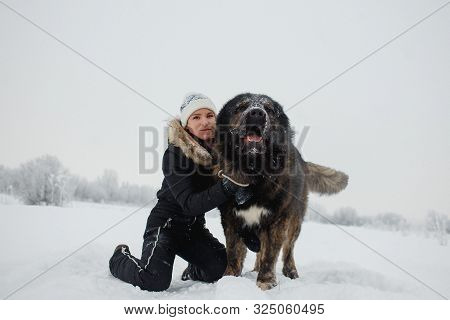 Cheerful Young Woman Embracing With Caucasian Shepherd Dog On Snow-covered Field In Frosty Winter Da