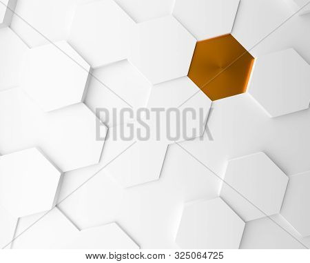 Abstract Background With White Hexagons And A Golden Metallic One, 3d Rendering