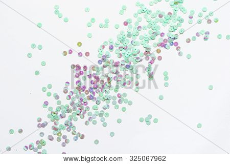 Pastel Mint Confetti Stars On A White Background. Holiday Party Concept