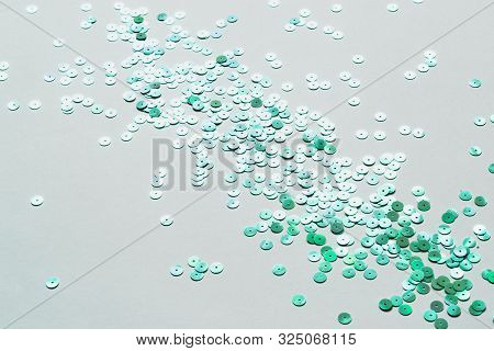 Pastel Mint Confetti Stars On White Background. Holiday Party Concept