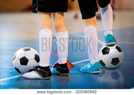 Futsal Soccer Training. Two Young Futsal Players With Balls On Training. Close Up Of Legs Of Futsal 