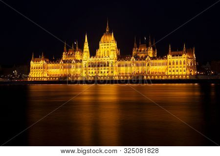 The Hungarian Parliament Building, A Notable Landmark Of Hungary In Budapest. View Of The Main Facad