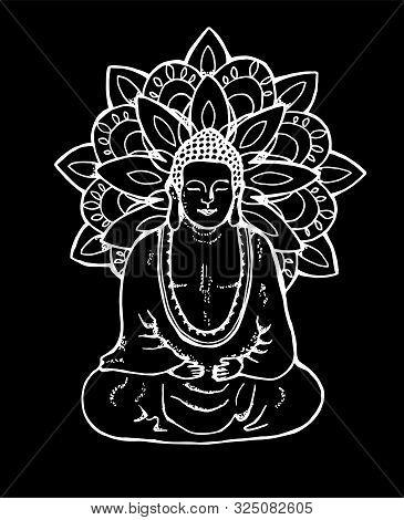 Illustration Of A Meditating Mandala Buddha. Mandala In The Style Of Sentangle. Street Art. Chalk On
