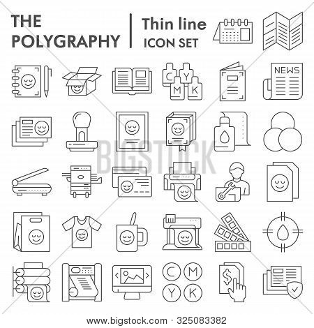 Polygraphy Thin Line Icon Set, Printing Symbols Collection, Vector Sketches, Logo Illustrations, Pub