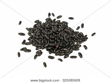 Close Up Heap Of Black Frigole Kidney Beans Isolated On White Background, Close Up, High Angle View
