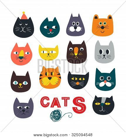 Big Set Of Cute Cat Faces In Retro Childish Style.