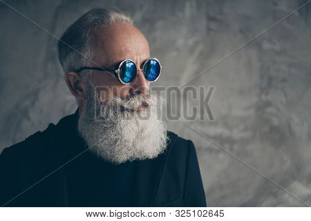 Close Up Phoro Of Concentrated Harsh Masculine Old Person In Eyewear Eyeglasses Looking Wearing Coat