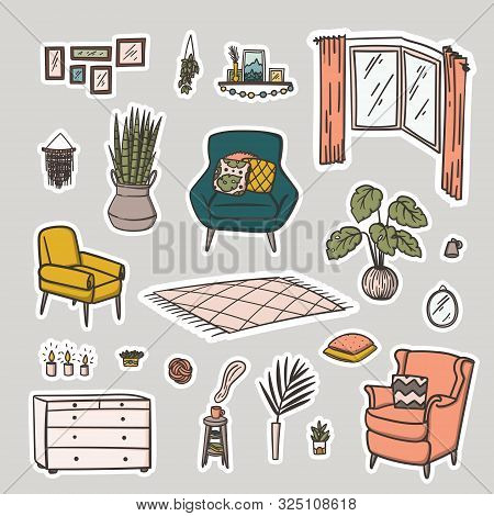 Living Room Interior Design Doodle Style Hand Drawn Stickers Set.