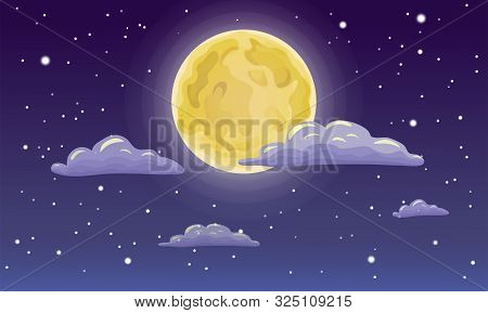 Full Moon, Stars, And Clouds On The Dark Midnight Sky. Night Sky Scenery Background. Cartoon Full Mo