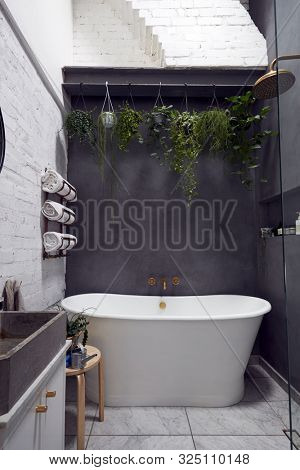 Empty Interior Of Contemporary Bathroom With Free Standing Bath