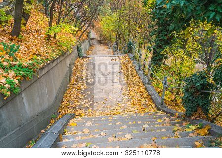 Park Walkway At Buda Hill Castle, Budapest, Hungary. Autumn.