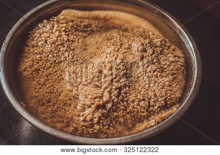 Raw Beef Tripe In A Metal Bowl With Water. A Large Piece Of The Cow Fresh Stomach Is Steeped In Wate
