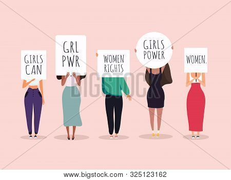 Women Protesters. Vector Illustration Of People Holding Signs, Banner And Placards On A Protest Demo