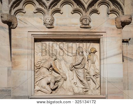 Ornate Facade Of Milan Catehdral In Italy