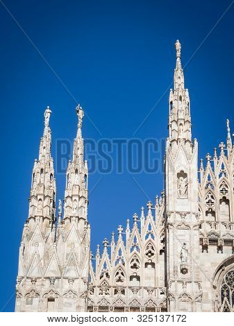 Ornate Facade Of Milan Catehdral In Italy