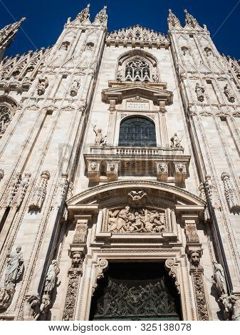 Ornate Facade Of Milan Catehdral In Italy