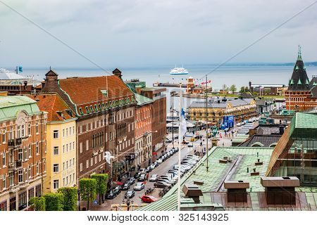 Helsingborg, Sweden - May, 2019: View Of The City Centre And The Port Of Helsingborg In Sweden.