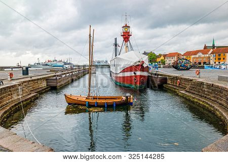 Helsingor, Denmark - May, 2019: Street View With Colorful Buildings And Ships In Helsingor, Denmark.