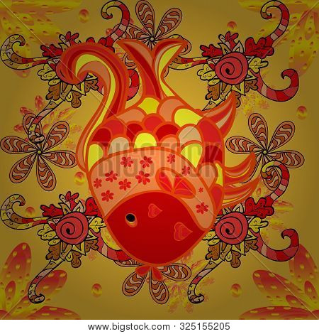 Raster Illustration. Seamless Pattern. Handdrawn. Fishes On Orange, Red And Yellow. Reaver Fish On C