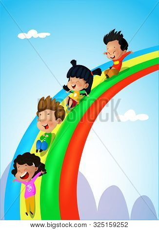 Illustration Of Kids Of Different Ethnicities Sliding Down A Rainbow. Vector