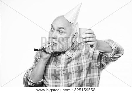 Elderly People. Man Bearded Grandpa With Birthday Cap And Drink Cup. Birthday Crazy Party. Ideas Sen