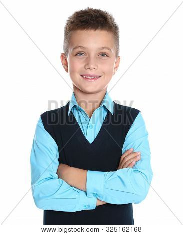 Happy Boy In School Uniform On White Background