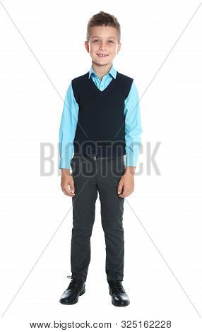 Happy Boy In School Uniform On White Background