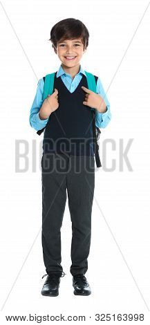 Happy Boy In School Uniform On White Background