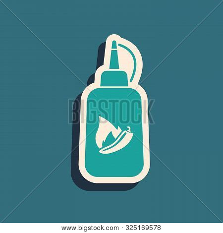 Green Ketchup Bottle Icon Isolated On Blue Background. Fire Flame Icon. Hot Chili Pepper Pod Sign. B