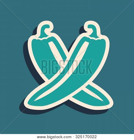 Green Crossed Hot Chili Pepper Pod Icon Isolated On Blue Background. Design For Grocery, Culinary Pr