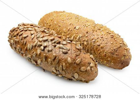 Long Whole Wheat Sunflower Seed Bread Roll And Long Whole Wheat Sesame Seed Bread Roll Isolated On W