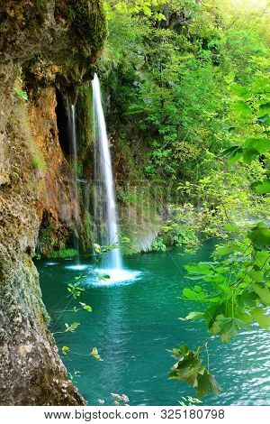 Waterfalls In Forest. Plitvice National Park, Croatia