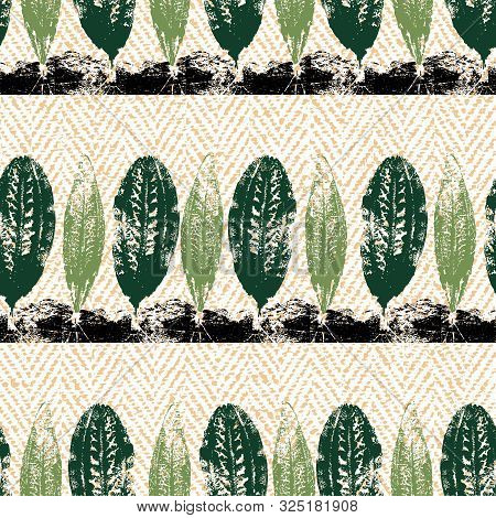 Stylized Textured Ink Leaf Trees Vector Illustration In A Seamless Pattern Background