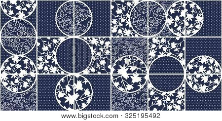 Blye Vector Azulejo Ceramic Tiles. Portuguese Azulegos Seamless Pattern With White And Cyan Colors I
