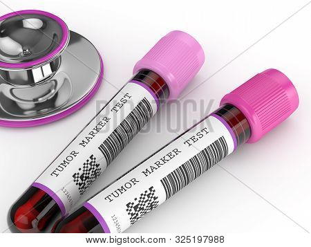 3d Render Of  Blood Samples With Tumor Markers Test Lying On Table