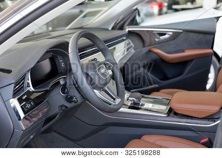 Russia, Izhevsk - September 11, 2019: Audi Showroom. Interior Of New Q8 Quattro With Automatic Trans