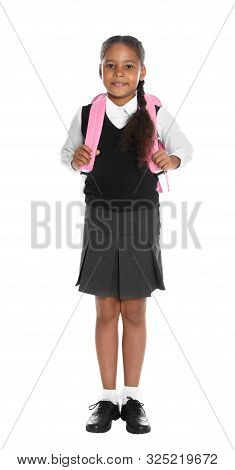 Happy African-american Girl In School Uniform On White Background