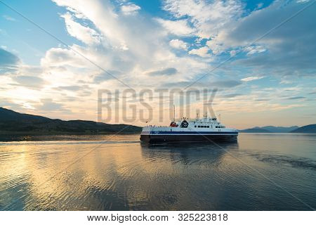 Bognes, Norway - July 31, 2018: Ferry Late In The Evening From Bognes To Lodingen On The Lofoten, A 