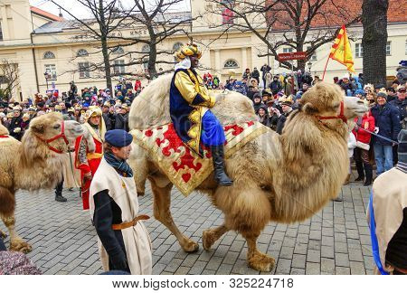 Warsaw - January 2013: Magi, costumed procession. Epiphany or Three Kings Day in Poland.